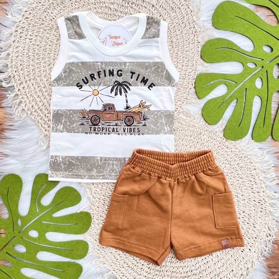 Conj. Regata Surfing Time e Bermuda em Moletinho - Areia e Ferrugem